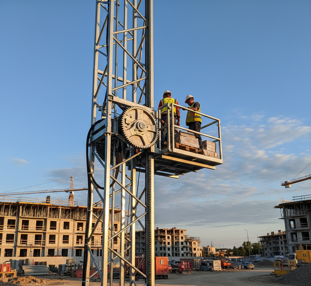 Two workers standing in an open cage mounted on a twin mast hoist tower at a construction site during golden hour